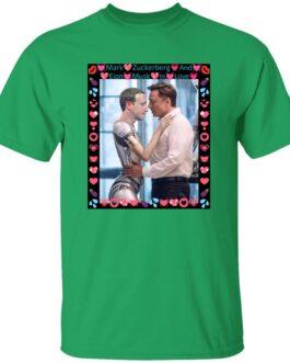 Green Gildan G500 tee featuring a framed AI-generated image of Elon Musk hugging a ZuckBot, surrounded by hearts and emojis. Funny tech satire for AI enthusiasts.