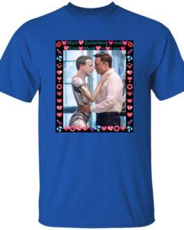 Royal blue "Elon Musk & ZuckBot In Love" t-shirt. Features a funny AI satire graphic of Elon Musk hugging a robot Mark Zuckerberg, framed with hearts and lips.