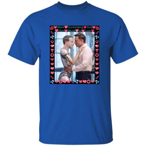 Royal blue "Elon Musk & ZuckBot In Love" t-shirt. Features a funny AI satire graphic of Elon Musk hugging a robot Mark Zuckerberg, framed with hearts and lips.