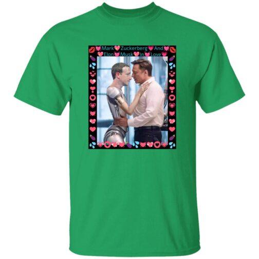Green Gildan G500 tee featuring a framed AI-generated image of Elon Musk hugging a ZuckBot, surrounded by hearts and emojis. Funny tech satire for AI enthusiasts.