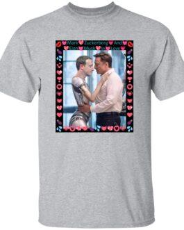 Elon Musk & ZuckBot "In Love" tee: A funny tech rivalry graphic shirt featuring Musk hugging a robotic Mark Zuckerberg, framed with hearts and lips. Gildan G500, sport grey color.
