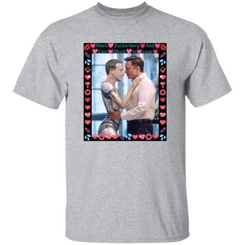 Elon Musk & ZuckBot "In Love" tee: A funny tech rivalry graphic shirt featuring Musk hugging a robotic Mark Zuckerberg, framed with hearts and lips. Gildan G500, sport grey color.