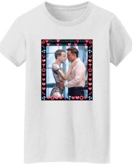 White women's Gildan G500L tee featuring AI-generated art: Elon Musk hugging a Mark Zuckerberg robot, framed with hearts. A funny tech satire shirt!