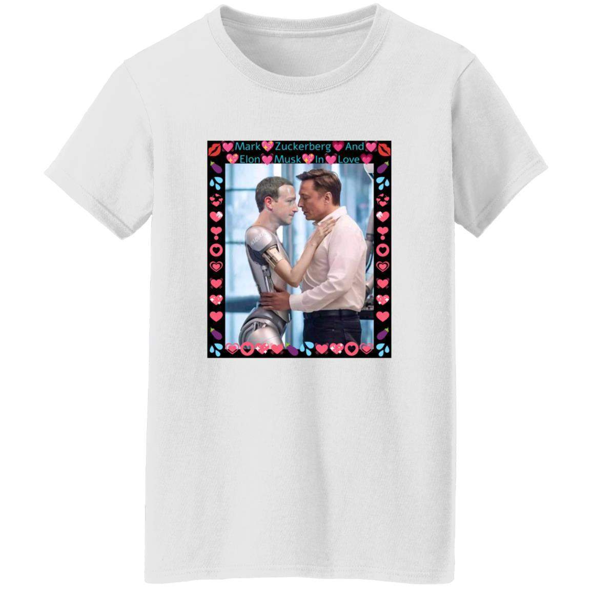 White women's Gildan G500L tee featuring AI-generated art: Elon Musk hugging a Mark Zuckerberg robot, framed with hearts. A funny tech satire shirt!