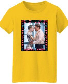 Yellow women's missy fit tee featuring an AI-generated image of Elon Musk hugging a ZuckBot, framed with hearts and lips. A funny tech satire shirt!