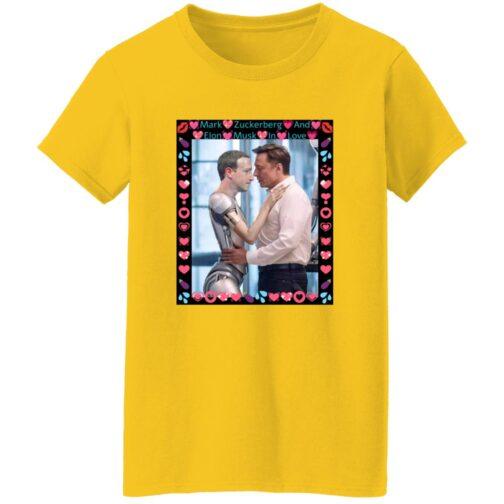Yellow women's missy fit tee featuring an AI-generated image of Elon Musk hugging a ZuckBot, framed with hearts and lips. A funny tech satire shirt!