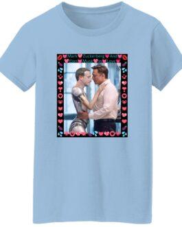 Light blue Gildan G500L women's tee featuring AI-generated art: Elon Musk hugging Mark Zuckerberg as a robot. Funny tech satire shirt for women, DIGISOFT print.