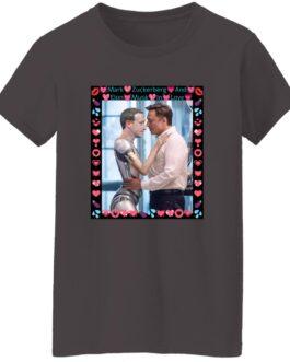 Women's dark gray tee featuring an AI-generated image of Elon Musk hugging a robot Mark Zuckerberg, framed with hearts. A funny tech satire shirt!