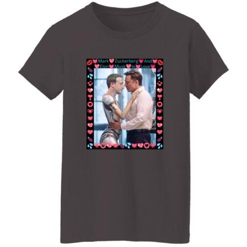 Women's dark gray tee featuring an AI-generated image of Elon Musk hugging a robot Mark Zuckerberg, framed with hearts. A funny tech satire shirt!