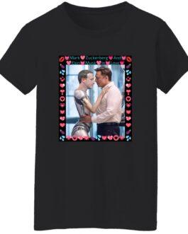 Black women's Gildan G500L tee featuring AI-generated art of Elon Musk hugging a robot Mark Zuckerberg, framed with hearts. A funny tech satire shirt!