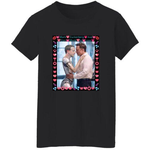 Black women's Gildan G500L tee featuring AI-generated art of Elon Musk hugging a robot Mark Zuckerberg, framed with hearts. A funny tech satire shirt!
