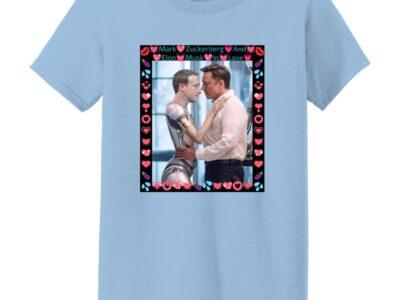 Light blue Gildan G500L women's tee featuring AI-generated art: Elon Musk hugging Mark Zuckerberg as a robot. Funny tech satire shirt for women, DIGISOFT print.