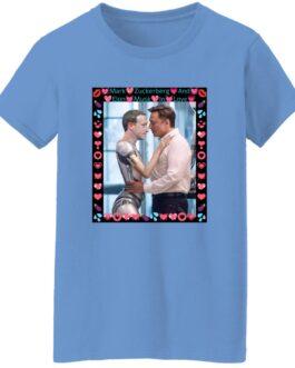 Women's light blue Gildan G500L tee featuring AI satire of Elon Musk and ZuckBot "In Love" in a heart-filled frame. Funny tech billionaire meme shirt!
