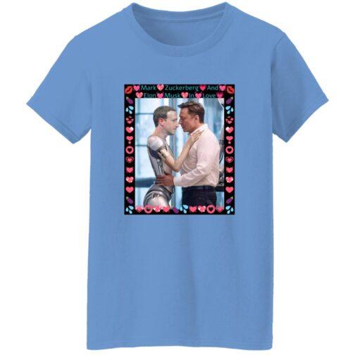 Women's light blue Gildan G500L tee featuring AI satire of Elon Musk and ZuckBot "In Love" in a heart-filled frame. Funny tech billionaire meme shirt!