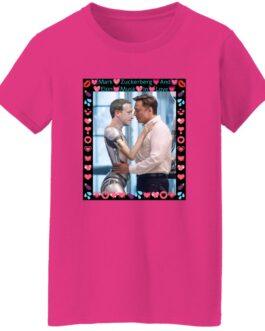 Heliconia pink women's tee featuring AI-generated art of Elon Musk hugging a ZuckBot. "Mark Zuckerberg And Elon Musk In Love" text with heart & emoji border. Gildan G500L missy fit tech humor shirt.