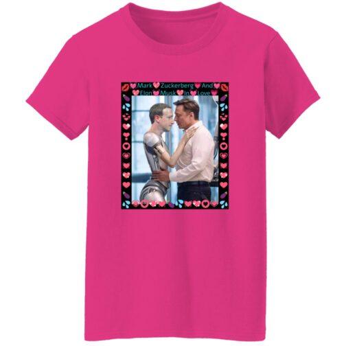 Heliconia pink women's tee featuring AI-generated art of Elon Musk hugging a ZuckBot. "Mark Zuckerberg And Elon Musk In Love" text with heart & emoji border. Gildan G500L missy fit tech humor shirt.