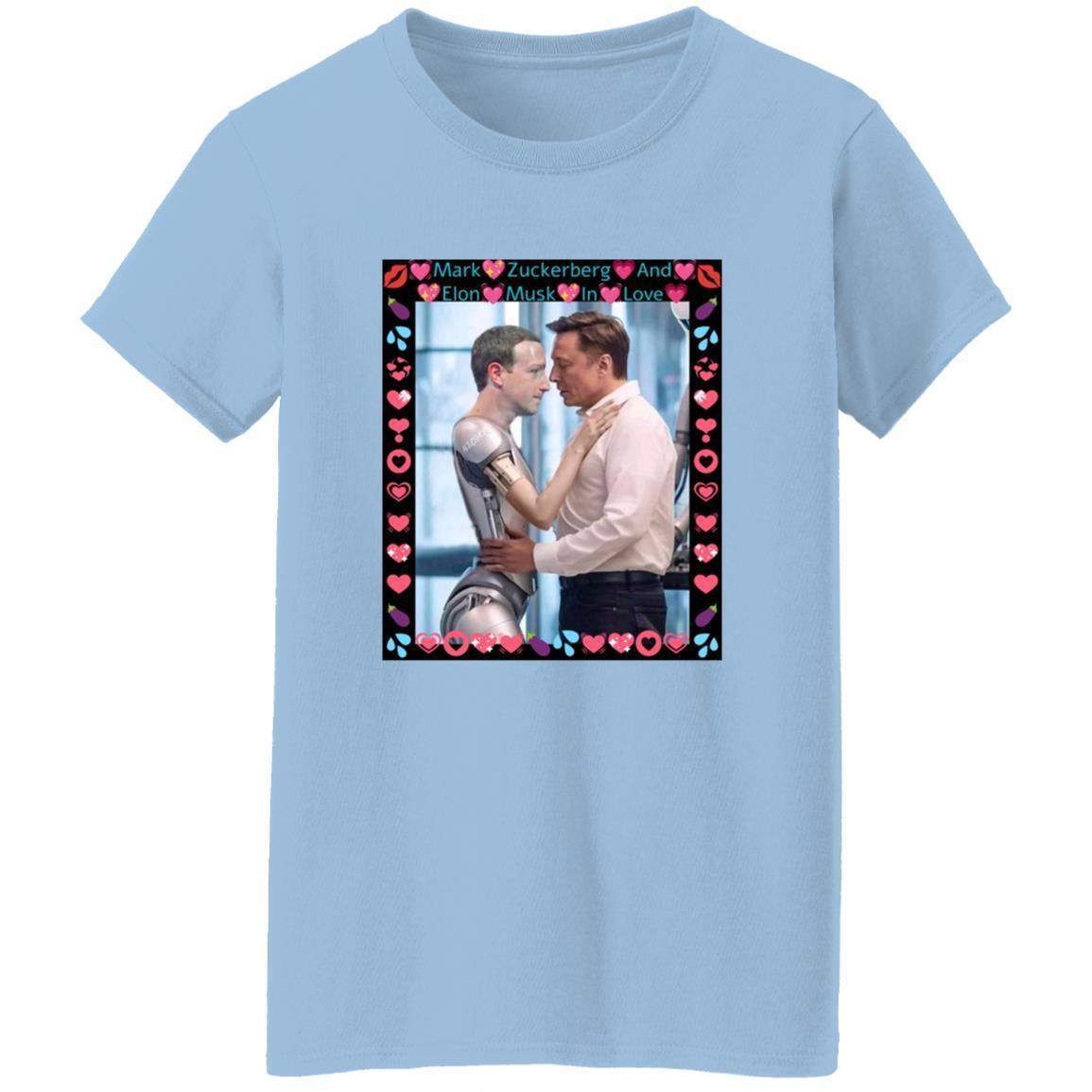 Light blue Gildan G500L women's tee featuring AI-generated art: Elon Musk hugging Mark Zuckerberg as a robot. Funny tech satire shirt for women, DIGISOFT print.
