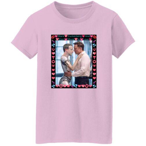 Gildan G500L Heliconia pink women's t-shirt featuring AI satire art: Elon Musk hugging a Mark Zuckerberg robot. "Mark Zuckerberg And" & "Elon Musk In Love" text with a fun border.
