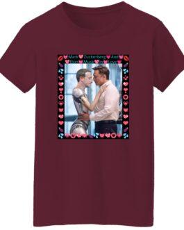 Burgundy women's tee featuring AI-generated art: Elon Musk hugging a ZuckBot. "Mark Zuckerberg And Elon Musk In Love" text, funny tech billionaire satire, Gildan G500L comfort fit.