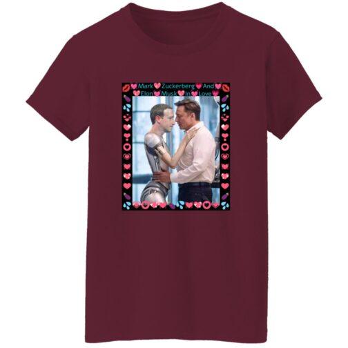 Burgundy women's tee featuring AI-generated art: Elon Musk hugging a ZuckBot. "Mark Zuckerberg And Elon Musk In Love" text, funny tech billionaire satire, Gildan G500L comfort fit.