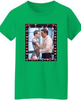 Green women's Gildan G500L tee featuring AI-generated art of Elon Musk hugging a Zuck-bot, framed with hearts. A funny tech satire shirt!