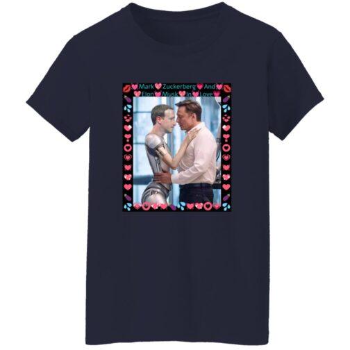 Navy women's Gildan G500L tee with a framed AI-generated image of Elon Musk hugging a robot Mark Zuckerberg, hearts, and text: "Mark Zuckerberg And Elon Musk In Love." Funny tech satire!