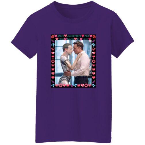 Purple women's Gildan G500L t-shirt featuring AI-generated art of Elon Musk hugging a ZuckBot, framed by hearts & emojis. A funny tech satire meme tee!