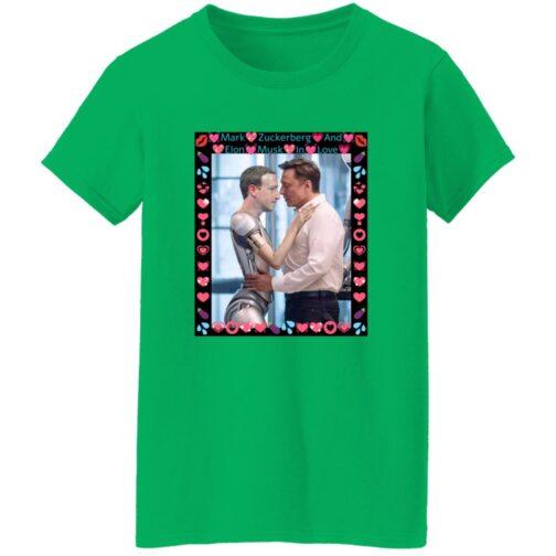 Green women's Gildan G500L tee featuring AI-generated art of Elon Musk hugging a Zuck-bot, framed with hearts. A funny tech satire shirt!