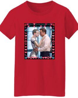 Red women's Gildan G500L tee with a funny AI-generated meme of Elon Musk hugging a Zuck robot "in love." Tech humor satire shirt with DIGISOFT print.