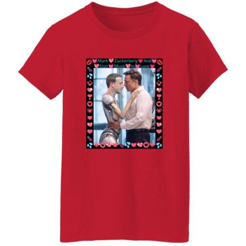 Red women's Gildan G500L tee with a funny AI-generated meme of Elon Musk hugging a Zuck robot "in love." Tech humor satire shirt with DIGISOFT print.
