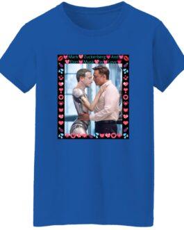 Royal blue women's missy fit tee featuring AI art of Elon Musk hugging a ZuckBot in a heart-filled frame. A funny tech billionaire satire shirt, Gildan G500L, DIGISOFT print.