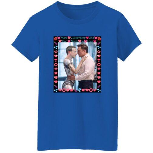 Royal blue women's missy fit tee featuring AI art of Elon Musk hugging a ZuckBot in a heart-filled frame. A funny tech billionaire satire shirt, Gildan G500L, DIGISOFT print.