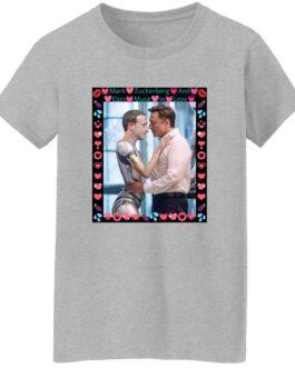 Sport Grey women's missy fit tee featuring AI-generated art: Elon Musk hugging a ZuckBot. A funny tech satire shirt, Gildan G500L, for the AI enthusiast!