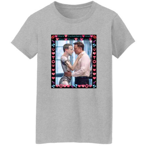Sport Grey women's missy fit tee featuring AI-generated art: Elon Musk hugging a ZuckBot. A funny tech satire shirt, Gildan G500L, for the AI enthusiast!