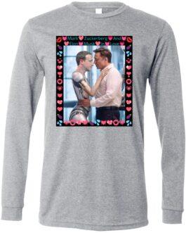 Bella + Canvas long sleeve tee with AI satire: Elon Musk hugging ZuckBot "In Love" in a meme-style frame. Funny tech gift for AI enthusiasts.