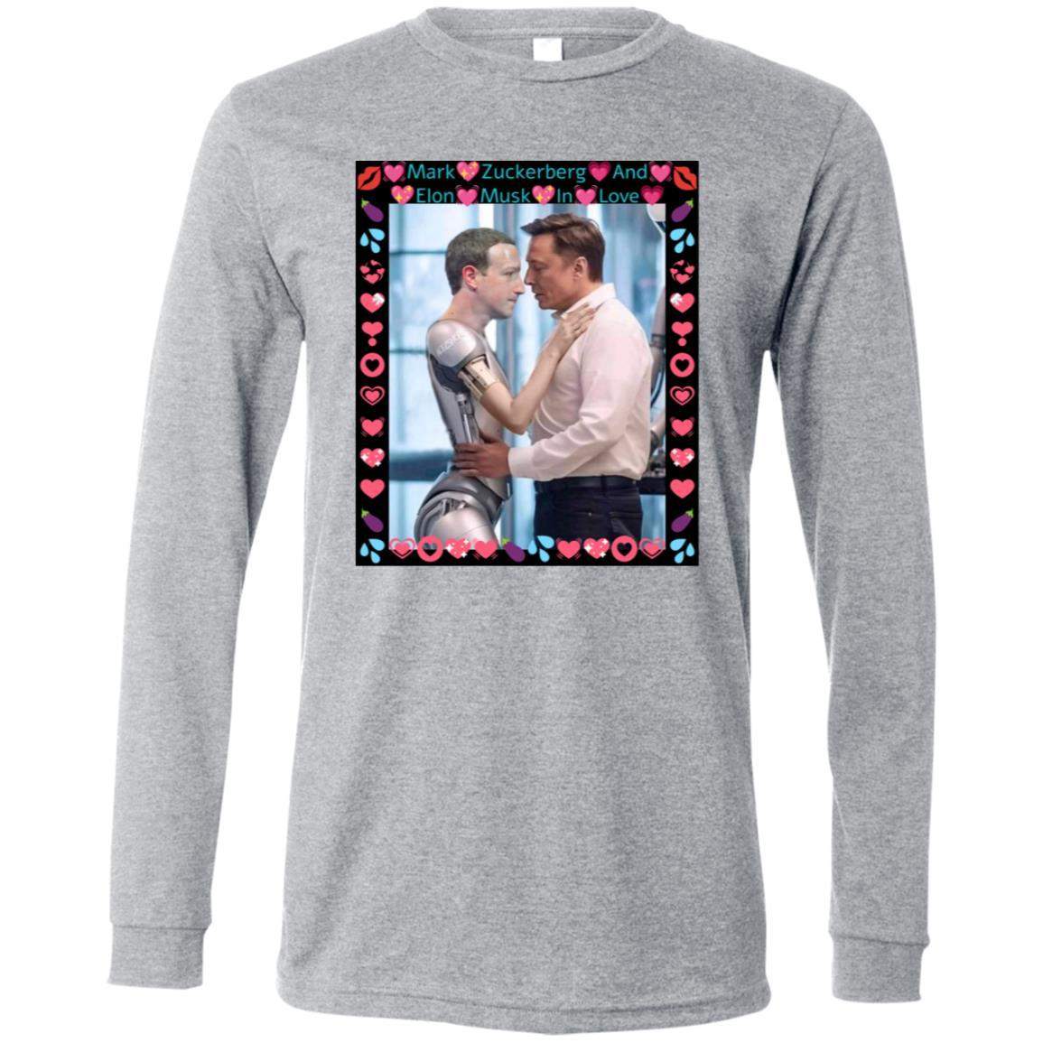 Bella + Canvas long sleeve tee with AI satire: Elon Musk hugging ZuckBot "In Love" in a meme-style frame. Funny tech gift for AI enthusiasts.