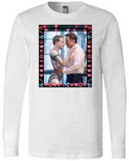 White long sleeve tee featuring AI satire art: Elon Musk hugging a Mark Zuckerberg robot. A funny tech billionaire shirt, Bella + Canvas 3501 unisex tee.