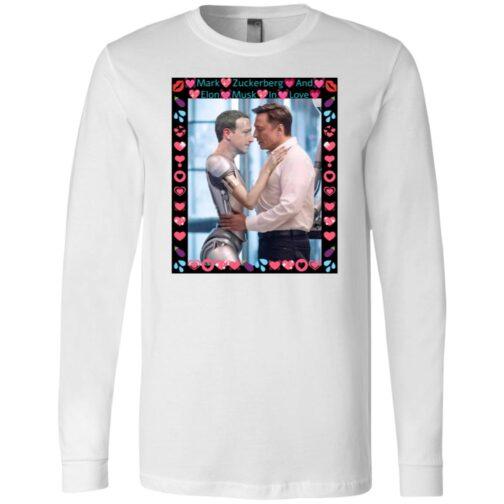 White long sleeve tee featuring AI satire art: Elon Musk hugging a Mark Zuckerberg robot. A funny tech billionaire shirt, Bella + Canvas 3501 unisex tee.