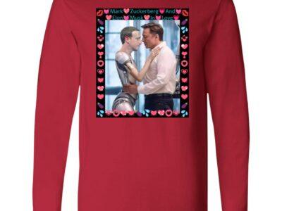 Red long sleeve tee featuring a framed image of Elon Musk hugging a Zuckerberg robot, captioned "Mark Zuckerberg And Elon Musk In Love," a funny AI satire shirt.