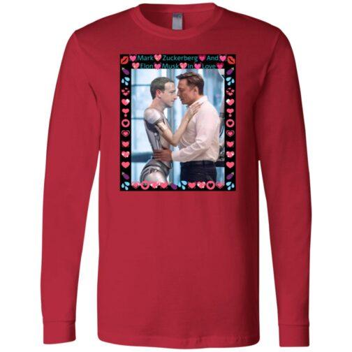 956-10732-107871237 Red long sleeve tee featuring a framed image of Elon Musk hugging a Zuckerberg robot, captioned "Mark Zuckerberg And Elon Musk In Love," a funny AI satire shirt.