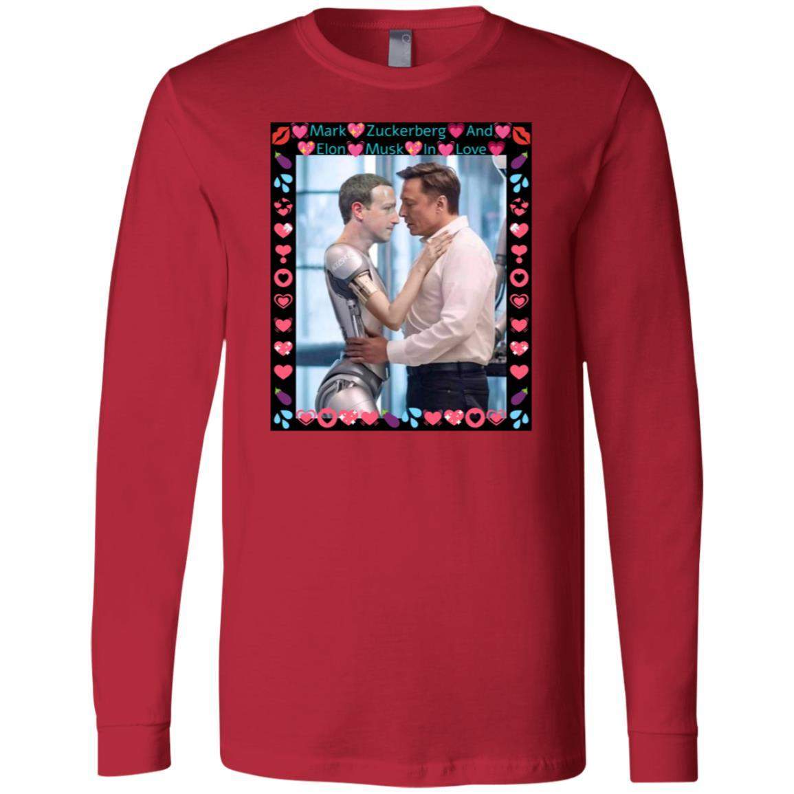 Red long sleeve tee featuring a framed image of Elon Musk hugging a Zuckerberg robot, captioned "Mark Zuckerberg And Elon Musk In Love," a funny AI satire shirt.