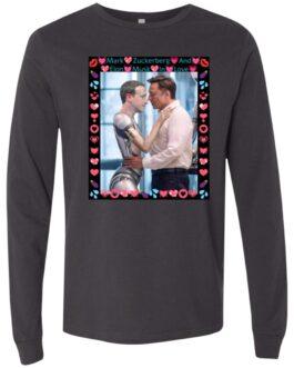 Dark grey long sleeve tee featuring an AI-generated image of Elon Musk hugging Mark Zuckerberg as a robot, framed with hearts. A funny tech billionaire satire shirt.