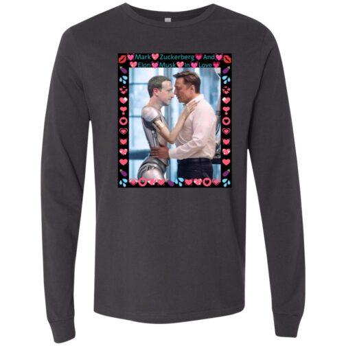 Dark grey long sleeve tee featuring an AI-generated image of Elon Musk hugging Mark Zuckerberg as a robot, framed with hearts. A funny tech billionaire satire shirt.