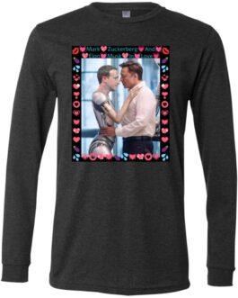 Dark Grey Heather long sleeve t-shirt featuring AI-generated art of Elon Musk hugging a ZuckBot, framed with hearts. A funny tech satire tee!