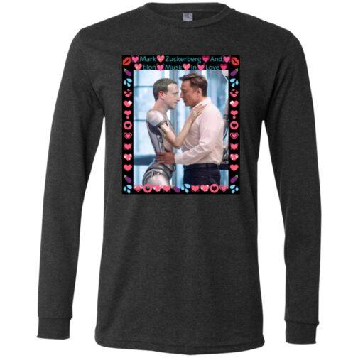 Dark Grey Heather long sleeve t-shirt featuring AI-generated art of Elon Musk hugging a ZuckBot, framed with hearts. A funny tech satire tee!