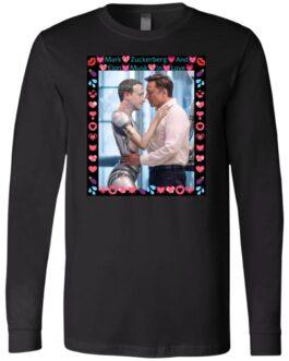 Black long sleeve tee featuring AI-generated art: Elon Musk hugging ZuckBot. A funny tech billionaire satire shirt, Bella + Canvas 3501, DIGISOFT print.