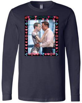 Navy long sleeve tee featuring AI satire art of Elon Musk hugging a ZuckBot, framed with hearts. A funny tech meme shirt!