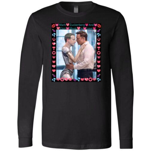 Black long sleeve tee featuring AI-generated art: Elon Musk hugging ZuckBot. A funny tech billionaire satire shirt, Bella + Canvas 3501, DIGISOFT print.