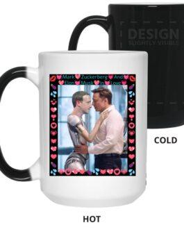 Elon Musk & ZuckBot magic mug: 15oz heat-activated color changing cup. Features AI-generated art of Elon Musk hugging a Zuckerberg robot. A funny tech billionaire satire coffee cup!