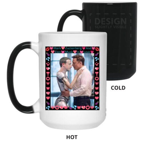 1169-12308-107871302 Elon Musk & ZuckBot magic mug: 15oz heat-activated color changing cup. Features AI-generated art of Elon Musk hugging a Zuckerberg robot. A funny tech billionaire satire coffee cup!